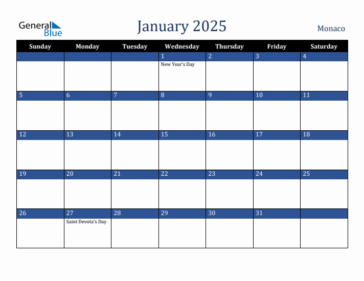 January 2025 Monaco Calendar (Sunday Start)