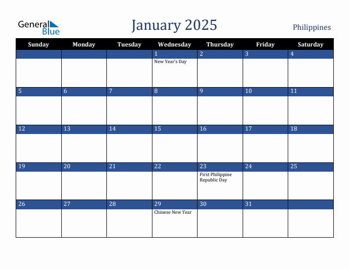 January 2025 Philippines Calendar (Sunday Start)