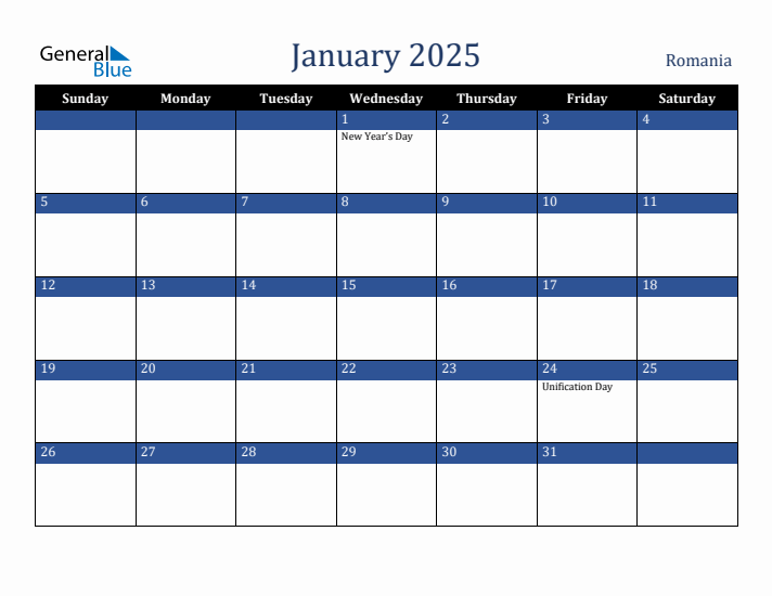 January 2025 Romania Calendar (Sunday Start)