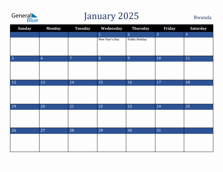 January 2025 Rwanda Calendar (Sunday Start)