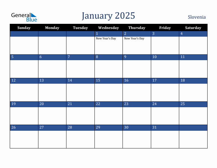 January 2025 Slovenia Calendar (Sunday Start)