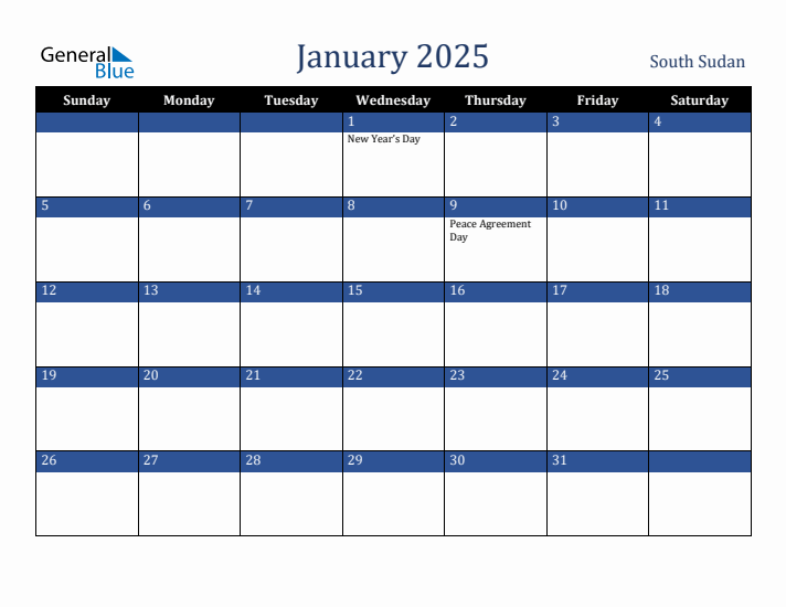 January 2025 South Sudan Calendar (Sunday Start)
