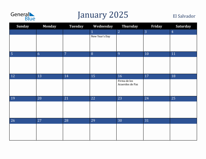 January 2025 El Salvador Calendar (Sunday Start)
