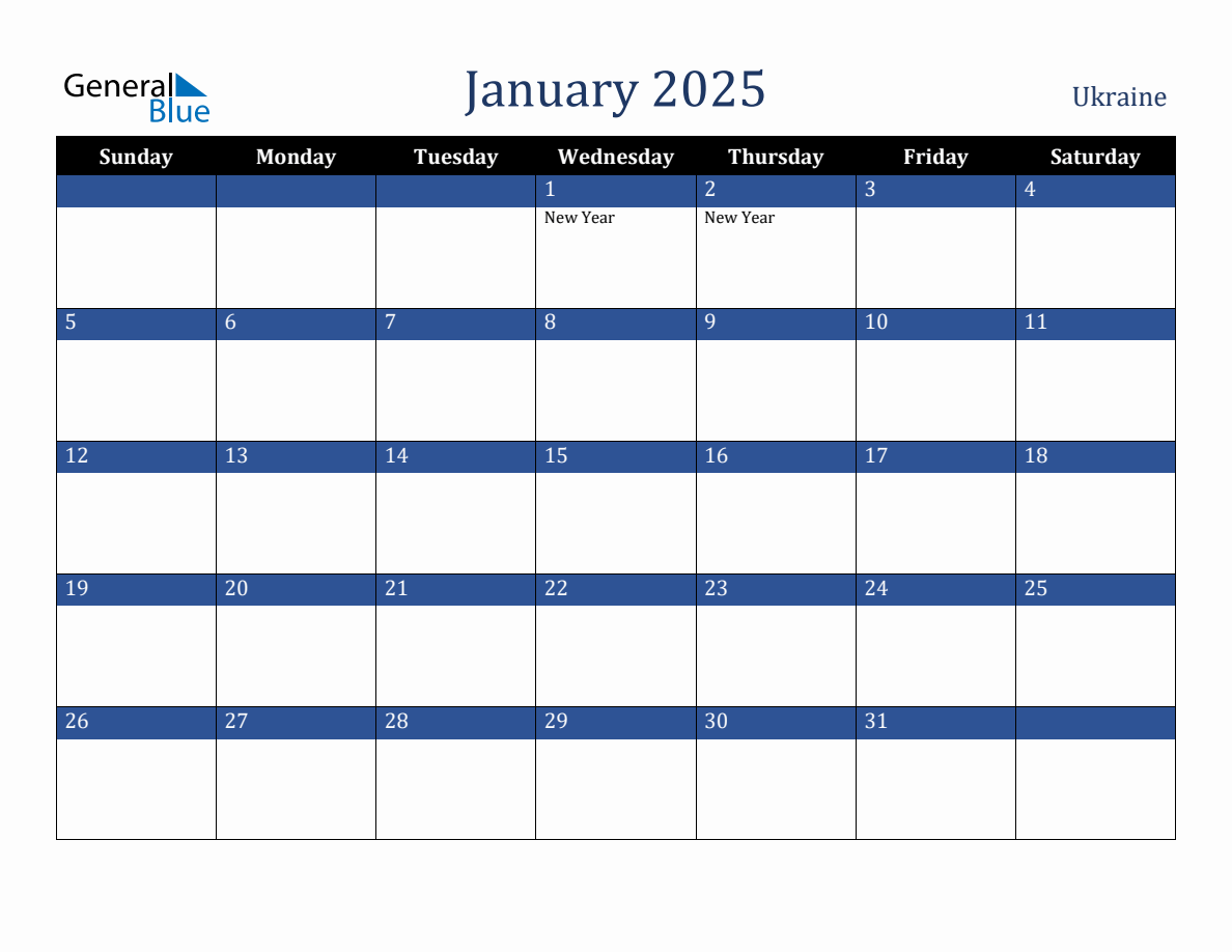 January 2025 Ukraine Holiday Calendar