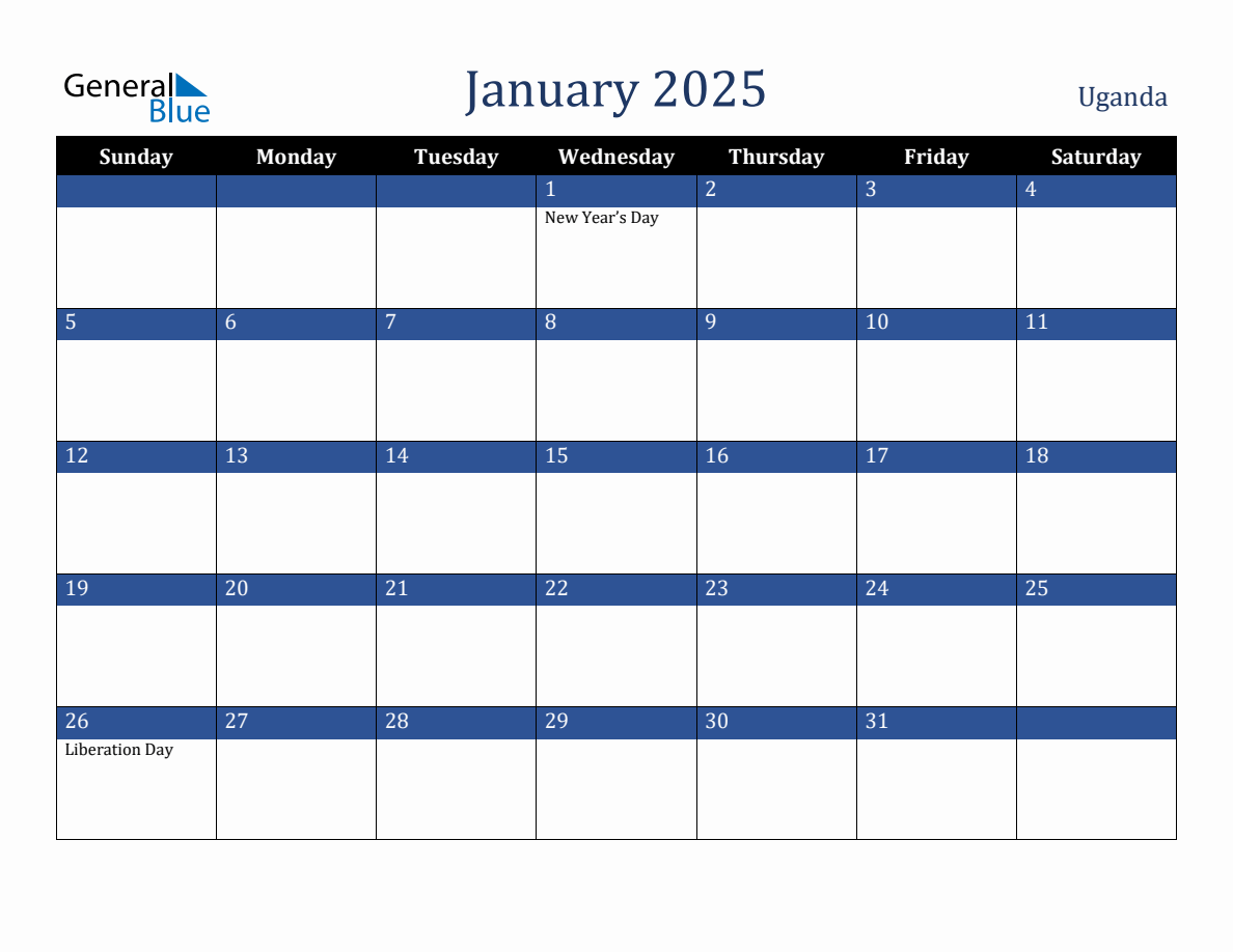 January 2025 Uganda Holiday Calendar