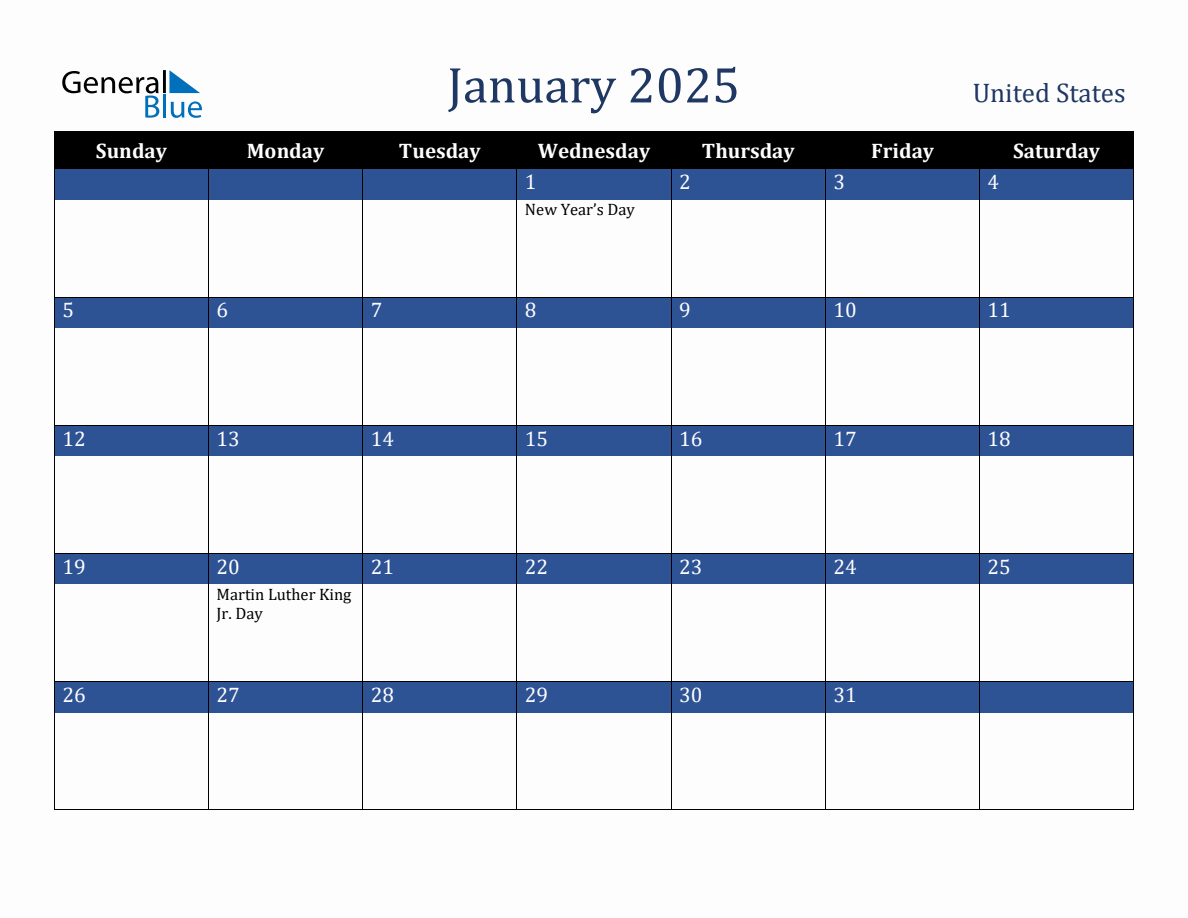 Calendar For January 2025 United States 2025 Calendar