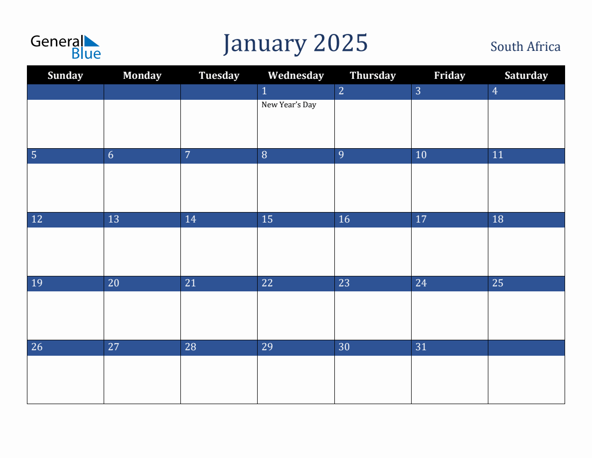 January 2025 South Africa Holiday Calendar