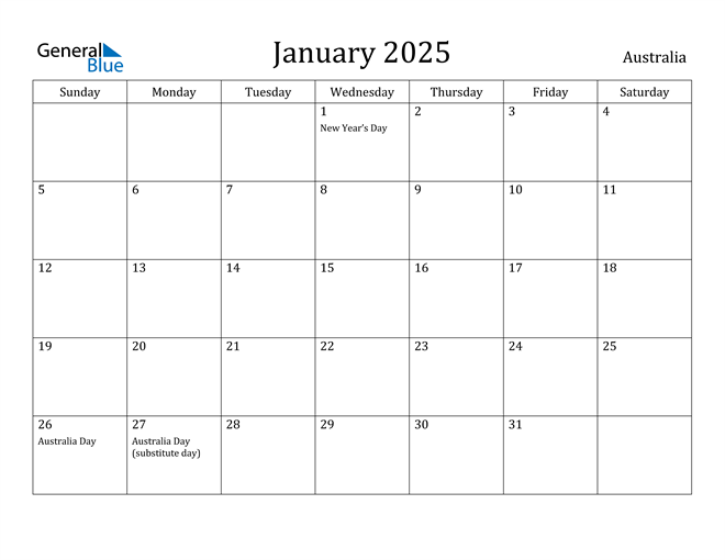 January 2025 Calendar with Australia Holidays