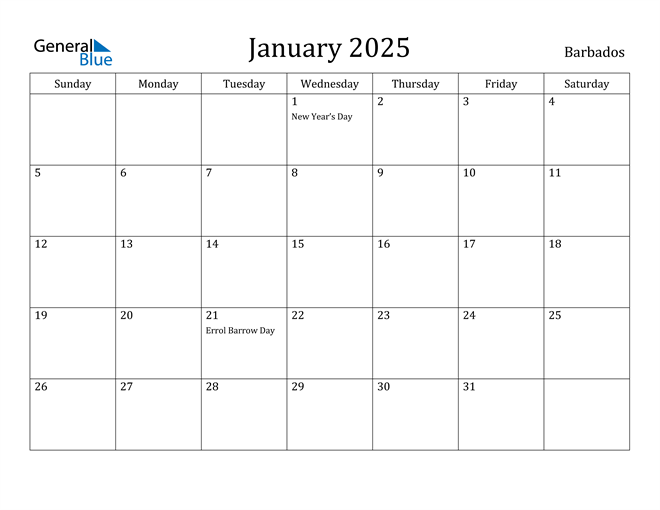 Barbados January 2025 Calendar with Holidays