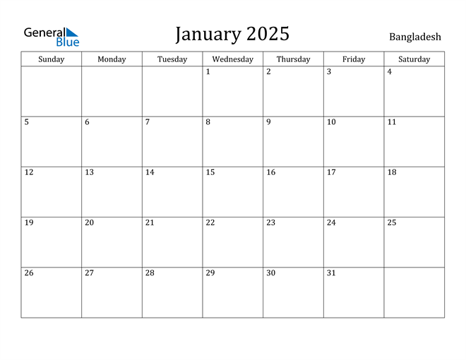January 2025 Calendar with Bangladesh Holidays