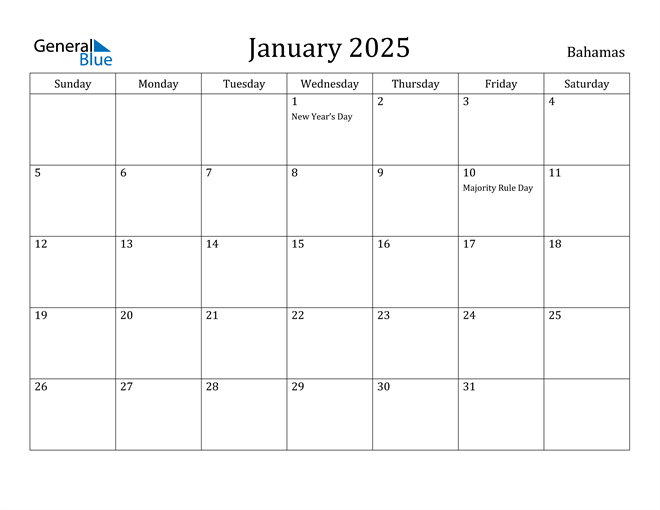 Bahamas January 2025 Calendar with Holidays