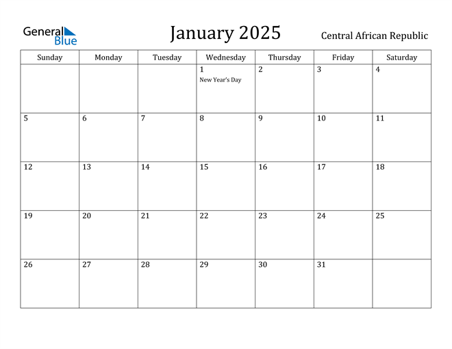 Central African Republic January 2025 Calendar with Holidays