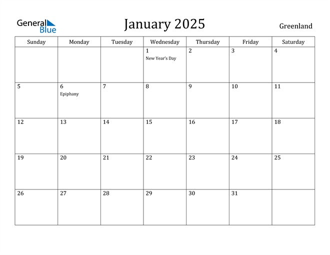 Greenland January 2025 Calendar with Holidays