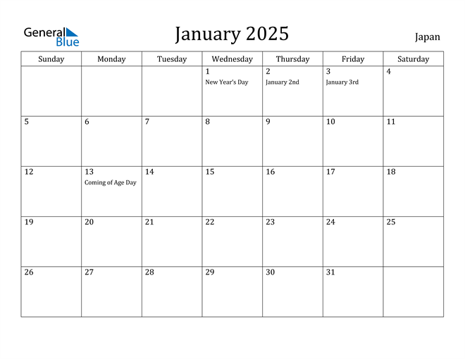 January 2025 Calendar with Japan Holidays