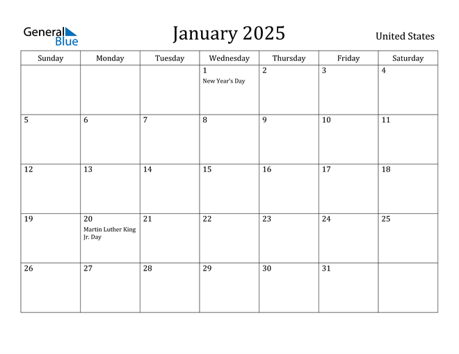 January 2025 Calendar With United States Holidays