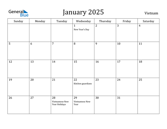 Vietnam January 2025 Calendar with Holidays