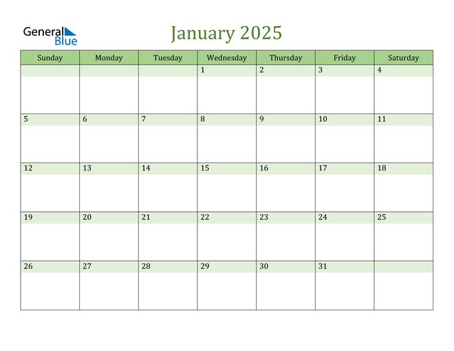 Table Calendar January 2025 