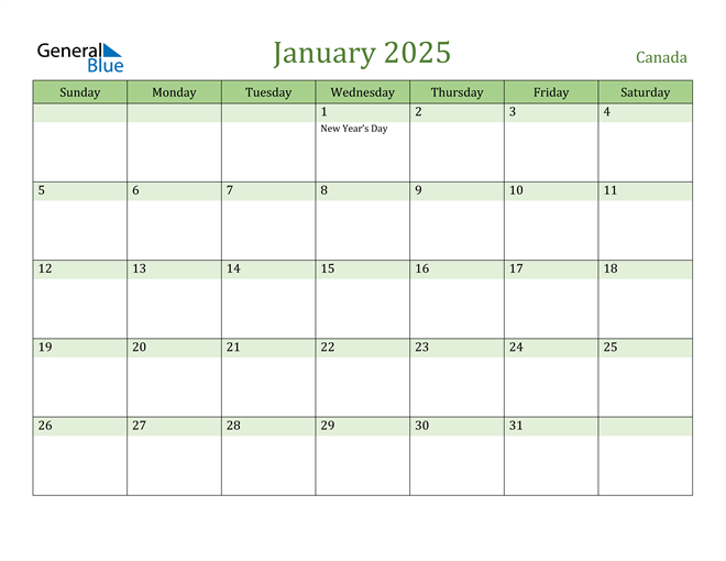 Canada January 2025 Calendar with Holidays