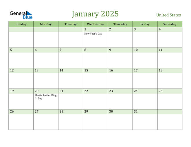 January 2025 Calendar with United States Holidays