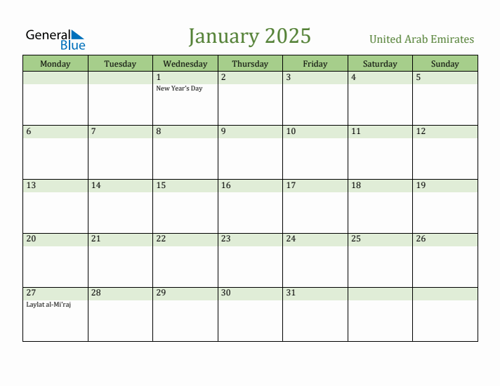 January 2025 Calendar with United Arab Emirates Holidays