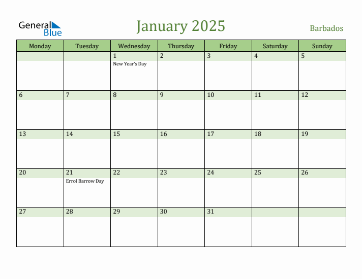 January 2025 Calendar with Barbados Holidays