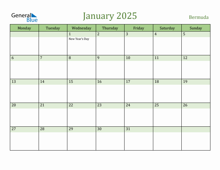January 2025 Calendar with Bermuda Holidays