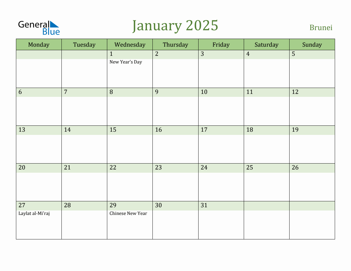 Fillable Holiday Calendar for Brunei January 2025