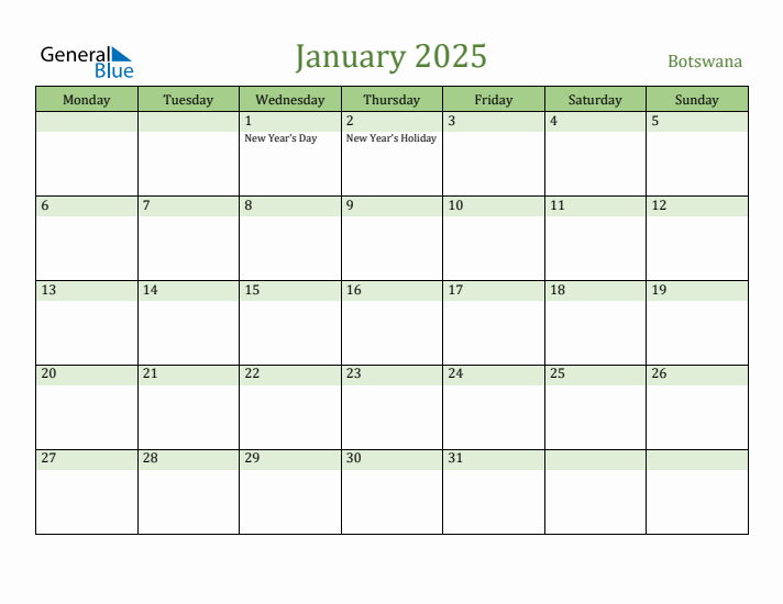 January 2025 Calendar with Botswana Holidays