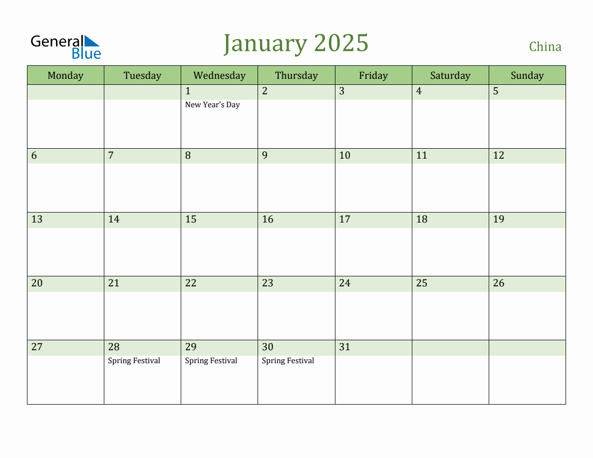 Fillable Holiday Calendar for China January 2025