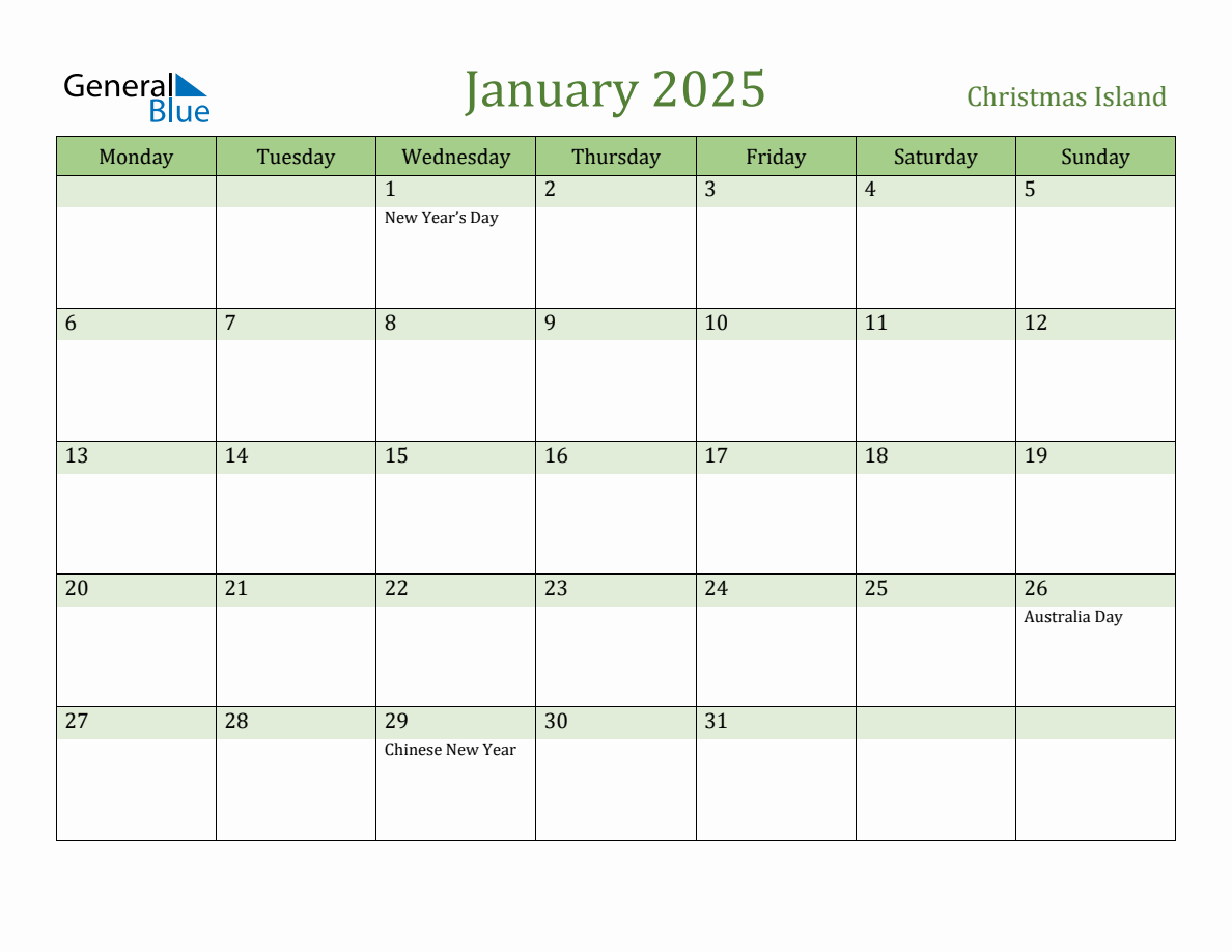 Fillable Holiday Calendar for Christmas Island January 2025