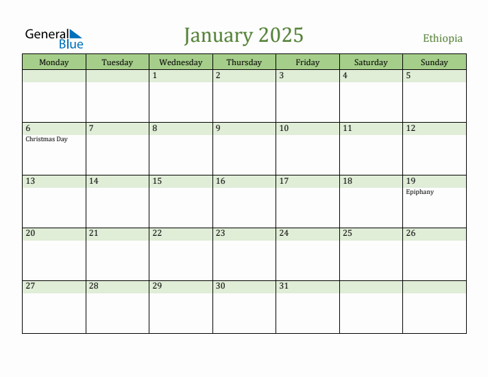 January 2025 Calendar with Ethiopia Holidays