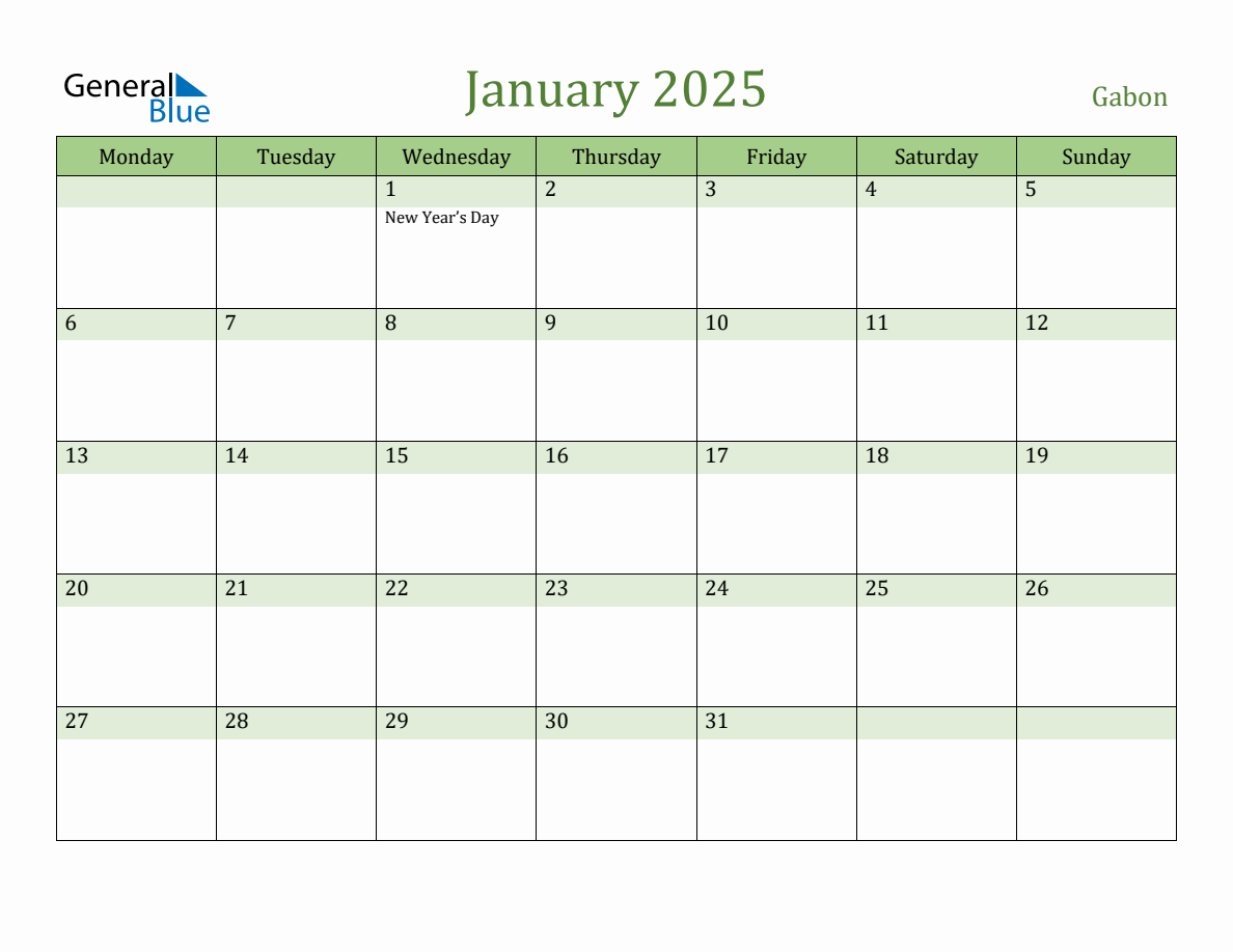 Fillable Holiday Calendar for Gabon January 2025