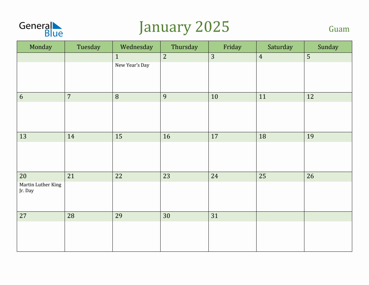 Fillable Holiday Calendar for Guam January 2025