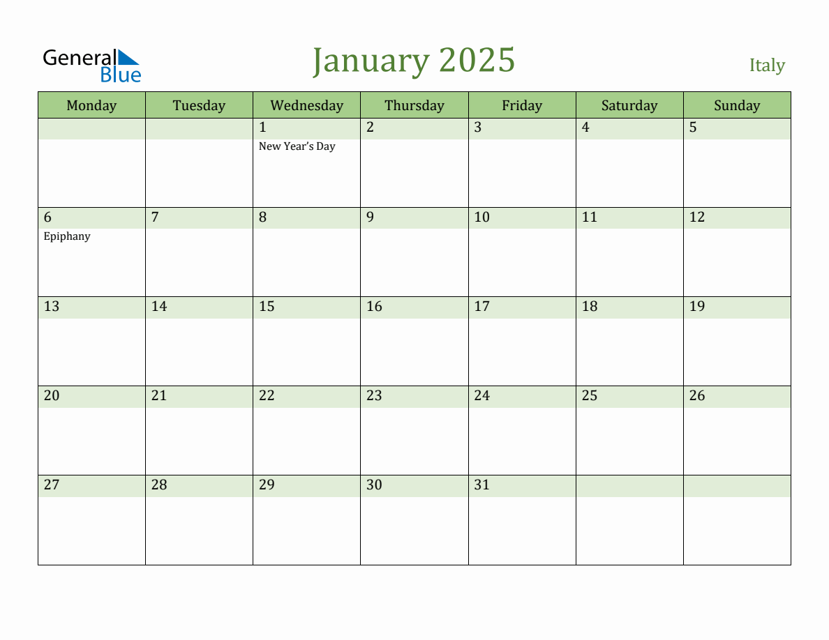 Fillable Holiday Calendar for Italy January 2025