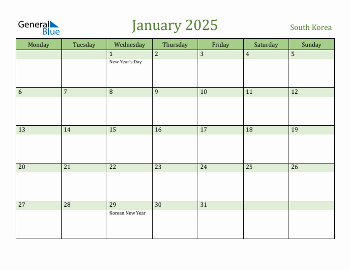 January 2025 Calendar with South Korea Holidays