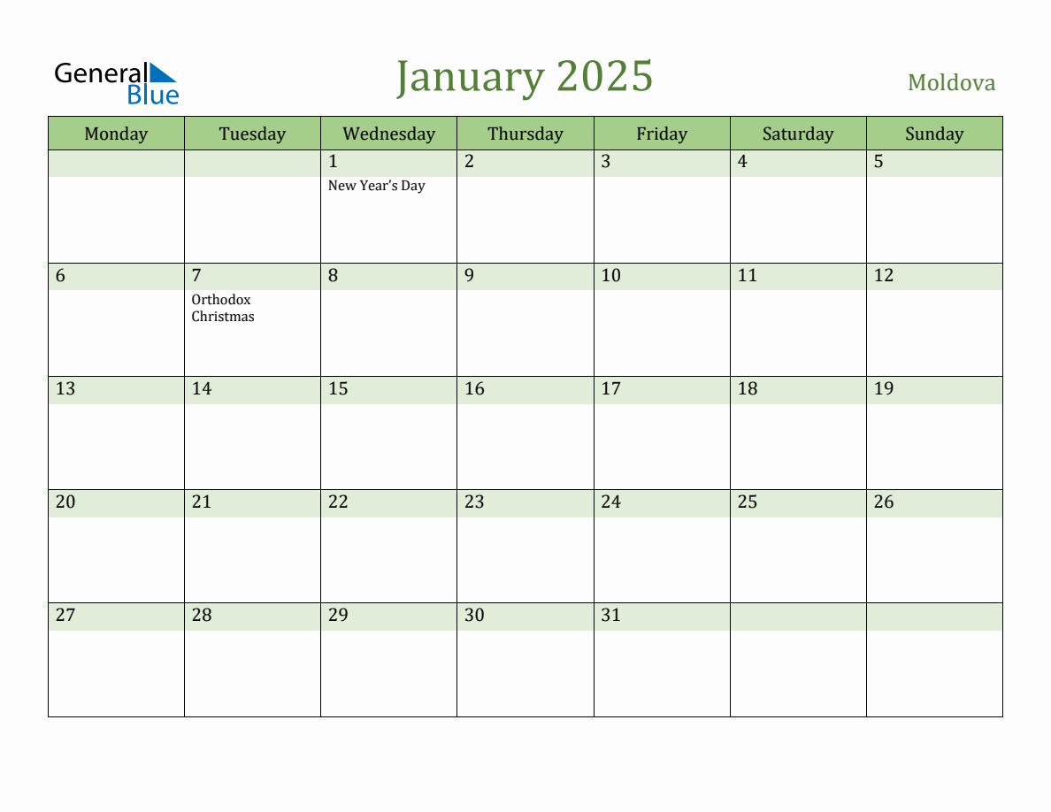 Fillable Holiday Calendar for Moldova January 2025