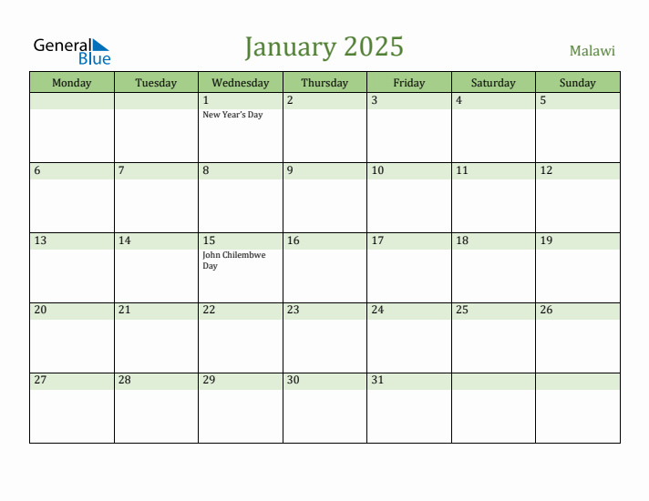 January 2025 Calendar with Malawi Holidays