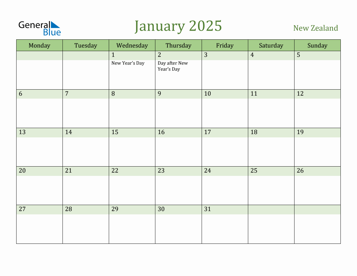 Fillable Holiday Calendar for New Zealand January 2025