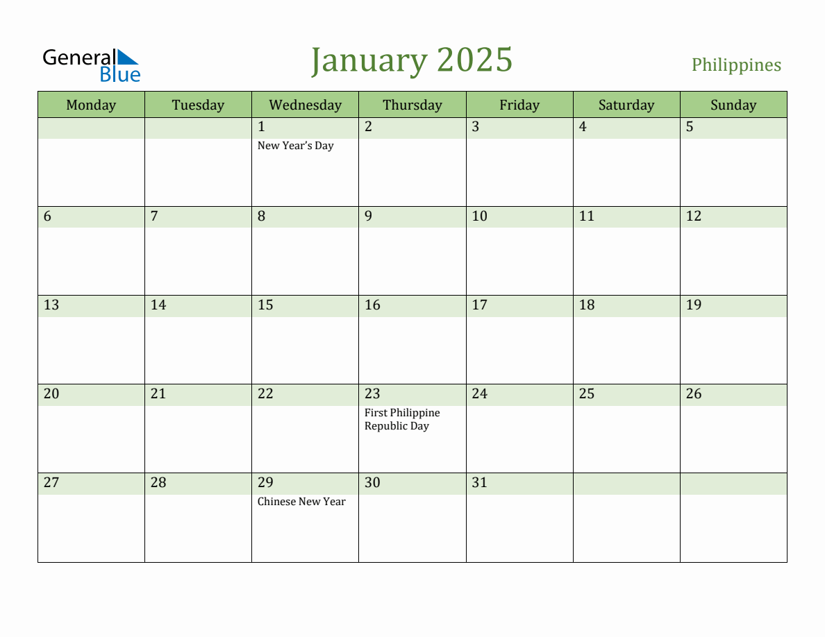 Fillable Holiday Calendar for Philippines January 2025