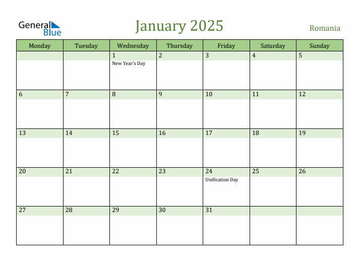 January 2025 Calendar with Romania Holidays