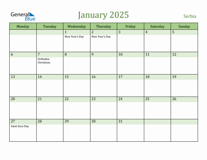 January 2025 Calendar with Serbia Holidays