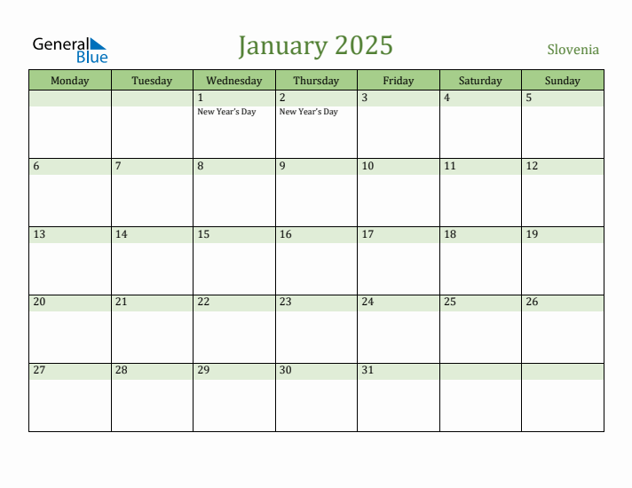 January 2025 Calendar with Slovenia Holidays