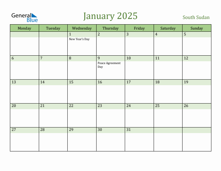 January 2025 Calendar with South Sudan Holidays