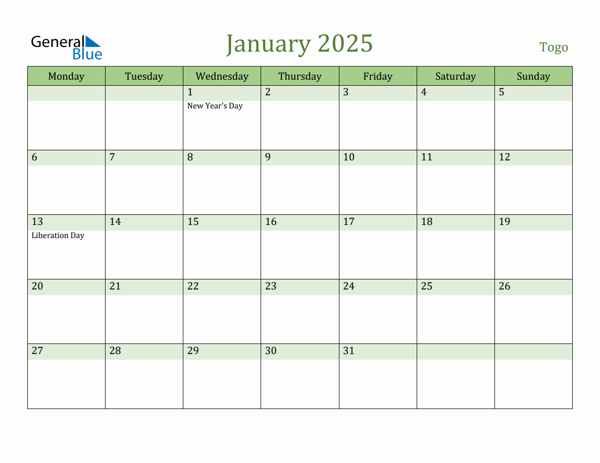 Fillable Holiday Calendar for Togo January 2025