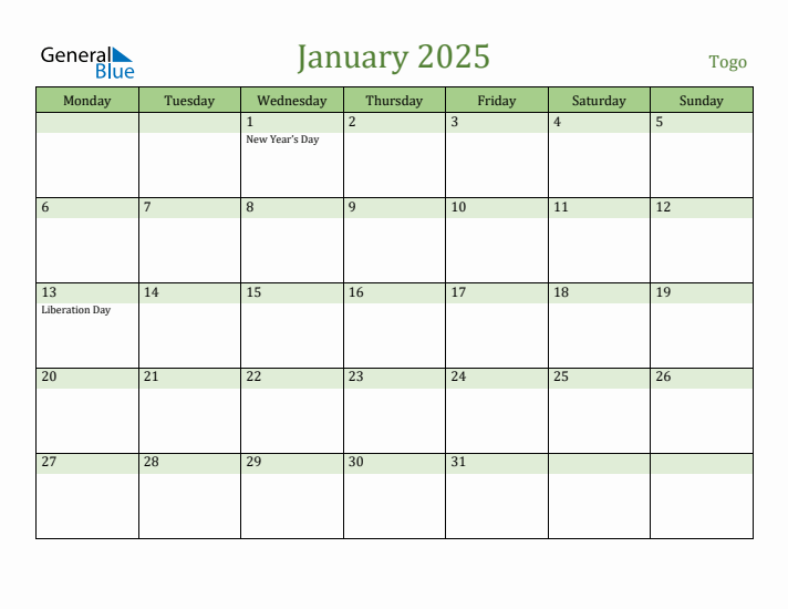 January 2025 Calendar with Togo Holidays