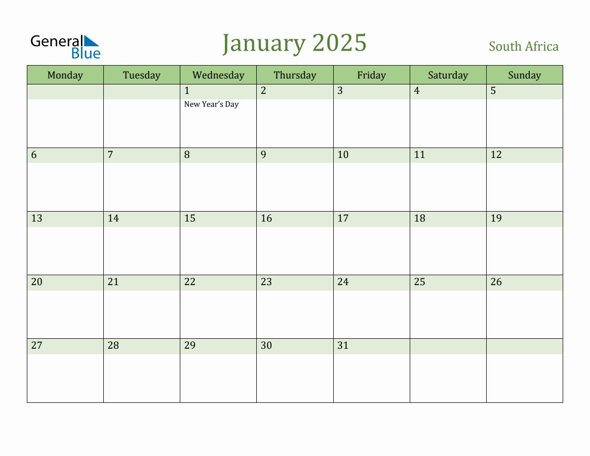 Fillable Holiday Calendar for South Africa January 2025