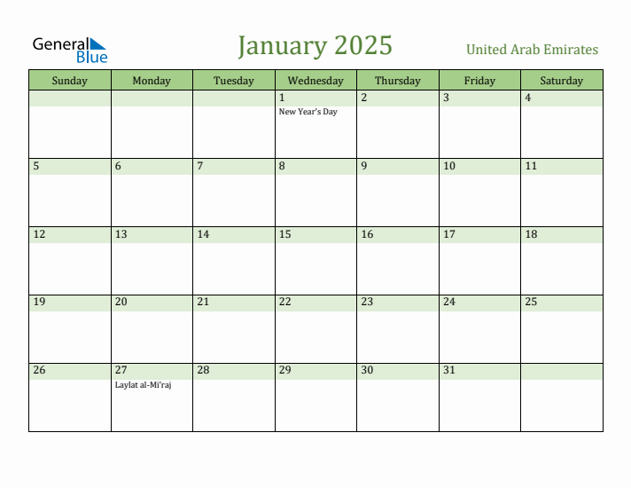 January 2025 Calendar with United Arab Emirates Holidays
