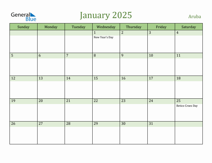January 2025 Calendar with Aruba Holidays