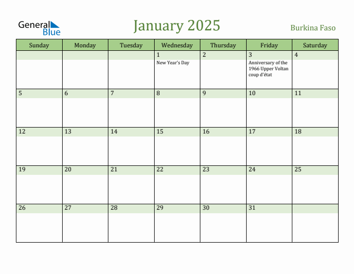 January 2025 Calendar with Burkina Faso Holidays