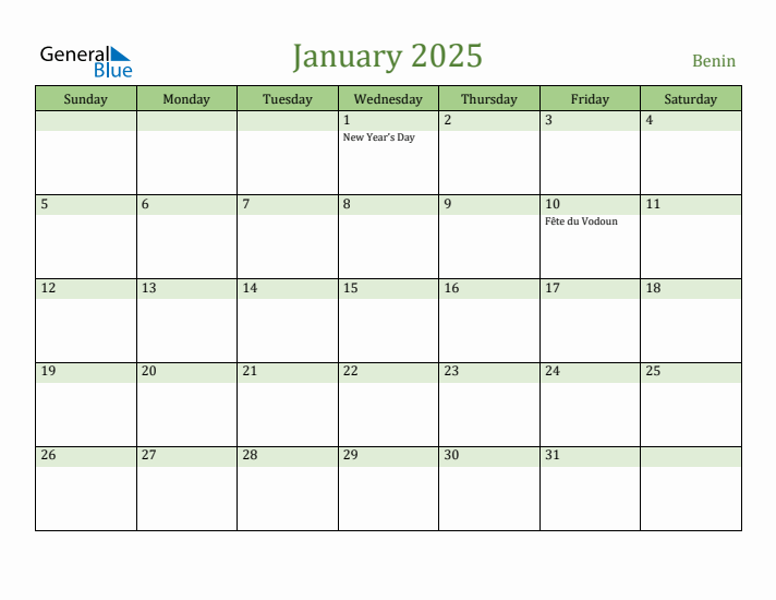January 2025 Calendar with Benin Holidays